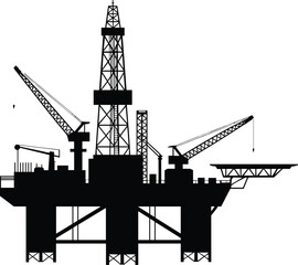 Offshore Oil Rig Silhouette with Drilling Tower and Cranes, Isolated Vector Illustration for Industrial, Petroleum, and Marine Engineering Concepts
