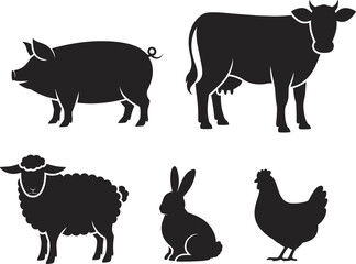 Farm animal silhouettes including cow, pig, sheep, chicken, and rabbit vector illustration for agriculture, livestock, and farming design concept