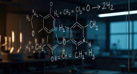 Chemistry formulas on glass in a blurred lab backdrop