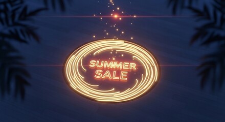 Eye-catching summer sale design element featuring a neon sign aesthetic, ideal for marketing campaigns. Promotes vacation deals, tropical getaways and seasonal discounts.