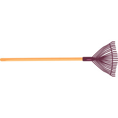 Garden rake with wooden handle and thin metal tines isolated on a transparent background