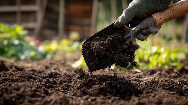 Medium shot of composted animal manure being carefully mixed with soil to enrich organic vegetable garden growth.