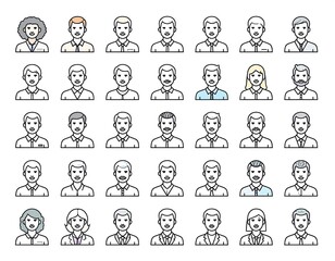 Obraz premium Collection of stylized, diverse, outline headshot portraits of people with various hairstyles