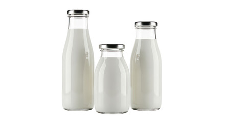 Three Glass Milk Bottles With Silver Caps Isolated On Black