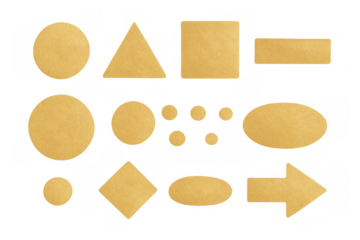 Gold glitter geometric shapes set with circle, square, triangle, oval, rectangle, arrow, and diamond texture, transparent background