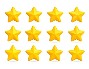 Obraz premium Collection of stylized, golden, five-pointed stars on a plain white backdrop