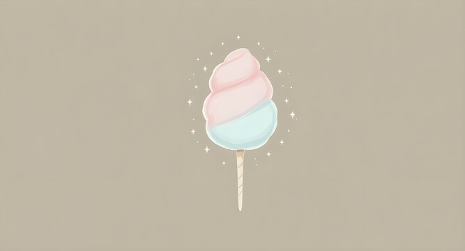 Nostalgic Cotton Candy Logo Design with Hand-Drawn Pastel Pink and Blue Cotton Candy Stick, Tiny Stars and Sparkles, Soft Glow, Minimal Background, Evoking Childhood Memories and Joyful Summer Days