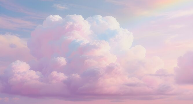 Surreal cotton candy clouds in pastel pink blue yellow sky with rainbow highlights, whimsical fantasy art