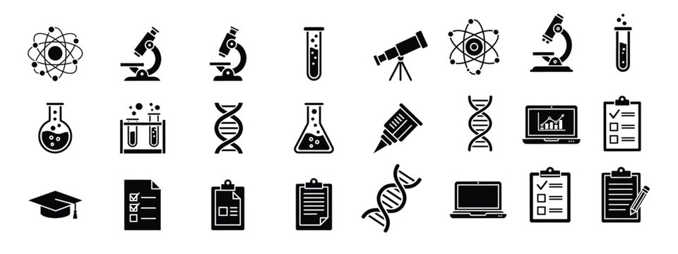  Education and science glyph icon set. Vector pictograms of atom, microscope, test tube, flask, telescope, dna, laptop, checklist, clipboard, black sign silhouette illustration