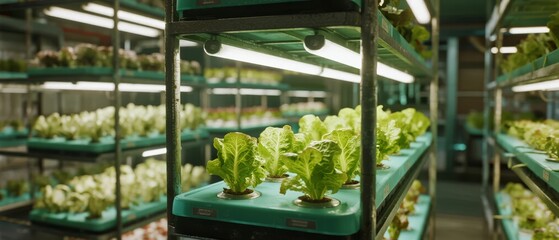 Indoor hydroponic farm with rows of lettuce growing under artificial lighting