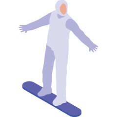 Full Body Isometric View of a Person in a Light Purple Snowsuit Riding a Blue Snowboard with Arms Outstretched on a White Transparent Background Representing Winter Sports and Recreation
