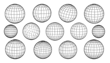 Collection of wireframe globes, varying sizes and perspectives, arranged in rows on a white background