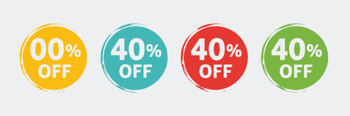 marketing sale sticker bundle four circular discount stamps 40 percent off design with distressed border ready for print and web