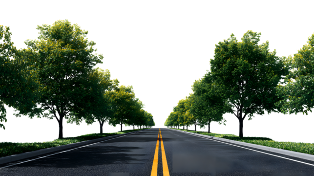 Serene tree-lined asphalt road with vibrant green foliage guiding towards an endless horizon