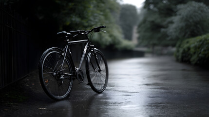 Fototapeta premium Rain-Kissed Cycle Path: A bicycle stands solitary on a rain-slicked path along a tranquil canal, the scene painted in hues of gray, green, and the subtle dance of raindrops.