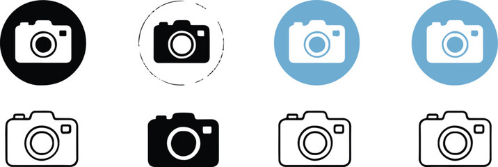 flat and outlined camera icons pack vector camera designs in black, white and blue for logos, apps, and interface kits