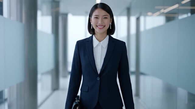 A smiling businesswoman confidently strides down a modern office corridor, holding a briefcase