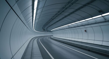 A curved, illuminated roadway vanishing into a sleek, modern tunnel