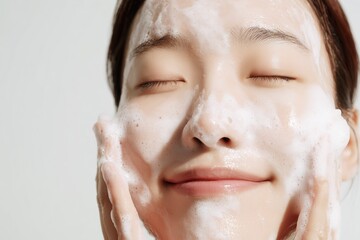 woman washing face with gentle foam cleanser