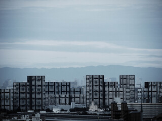 早朝神戸岡本の高台から芦屋の高層マンション群、背景は生駒山系をのぞむ