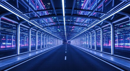Obraz premium A neon-lit tunnel with a road leading towards a glowing cityscape