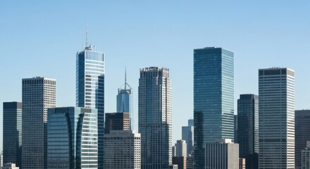 Fototapeta premium Cityscape of skyscrapers, various heights, under clear blue sky, daytime view