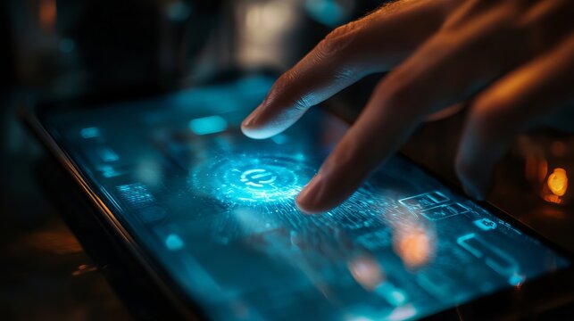Intuitive touch interaction with futuristic digital interface, exploring complex data and modern technology in dynamic blue light.