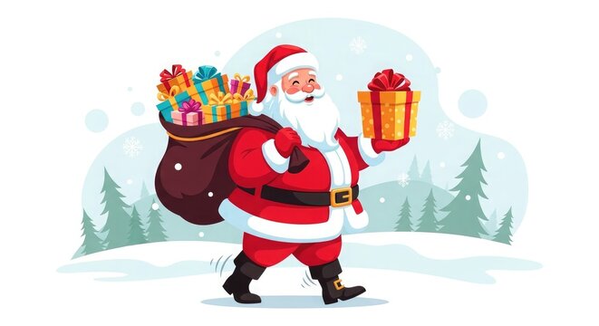 Santa Claus walking in a snowy landscape, carrying a sack full of gifts and holding a present.