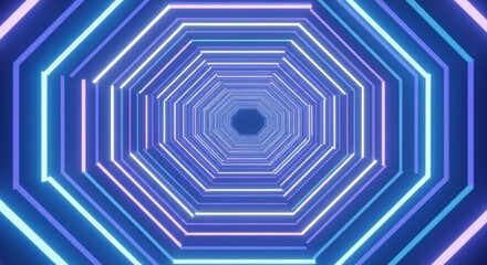 Abstract tunnel of neon light, hexagonal and geometric, fades to dark center