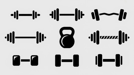 Fototapeta premium Collection of Black Silhouette Icons Representing Dumbbells and Weights Keywords: dumbbell, barbell, weight, fitness, exercise, workout, gym, strength, training, sport