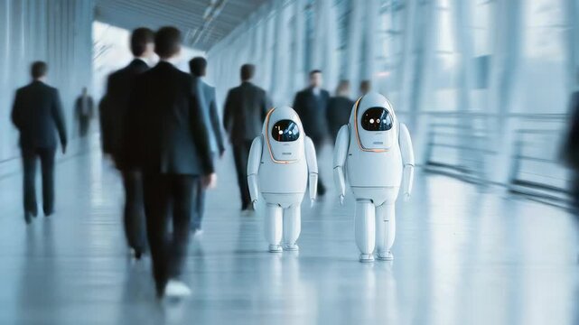 Two humanoid robots move through a busy office walkway among blurred businesspeople, representing the future of workplace automation. The image highlights innovation and digital transformation