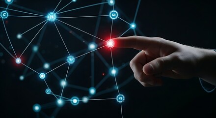 Systemic risk visualization. A hand points to a node in a holographic network that flashes red, showing how risk can spread to connected nodes.