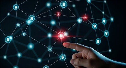 Systemic risk visualization. A hand points to a node in a holographic network that flashes red, showing how risk can spread to connected nodes.
