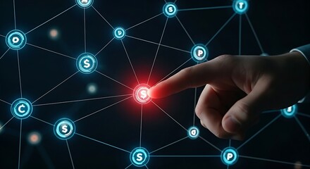 Systemic risk visualization. A hand points to a node in a holographic network that flashes red, showing how risk can spread to connected nodes.