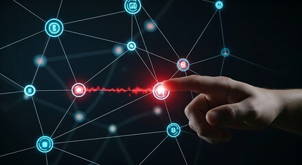 Systemic risk visualization. A hand points to a node in a holographic network that flashes red, showing how risk can spread to connected nodes.
