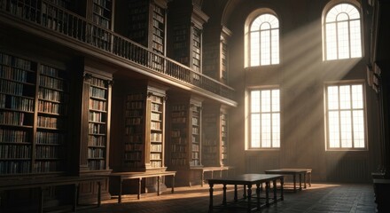 Classic library hall with tall bookshelves and sunlit windows