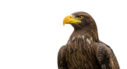 Naklejka premium Majestic eagle with brown plumage and a striking yellow beak, gazing intently towards the right side.
