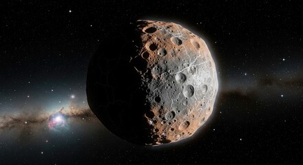 A detailed depiction of a large, rocky asteroid floating in deep space.