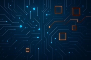 Abstract digital circuit board illustration featuring interconnected lines and glowing dots.