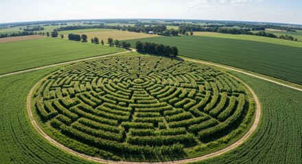 Naklejka premium Aerial view of a large, circular corn maze in a vast agricultural field