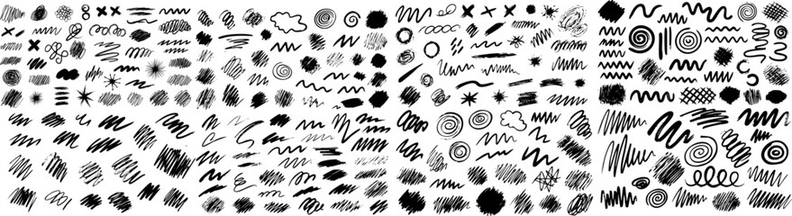 Vector set of grungy graphic elements. Street art texture hand drawn pencil underlines and strikethrough, scribble emphasis lines, crazy hatches, ovals and crosses. Each element is united and isolated