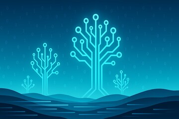 Naklejka premium Digital circuit trees growing on stylized landscape, representing technology.