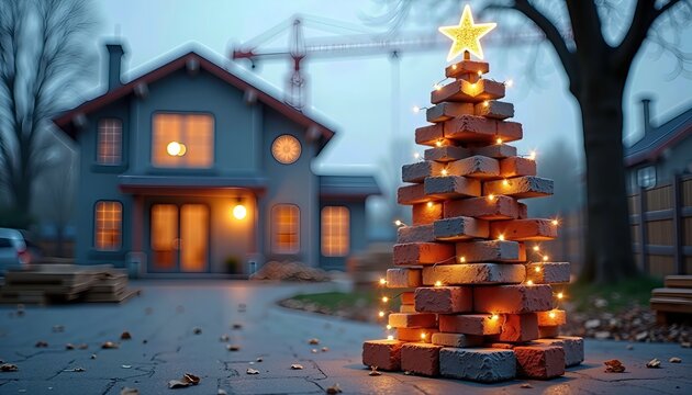 Christmas tree made of stacked bricks lit by candles, topped with glowing star. Construction crane in the background 