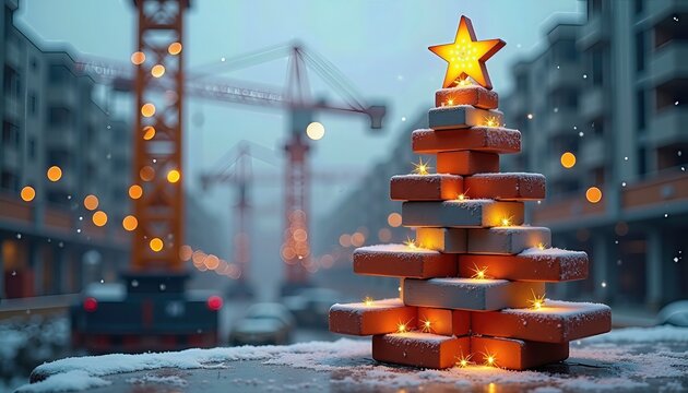 Creative Christmas tree made of stacked bricks lit by candles, topped with glowing star. City Christmas construction cranes and buildings with snow and blurred lights 