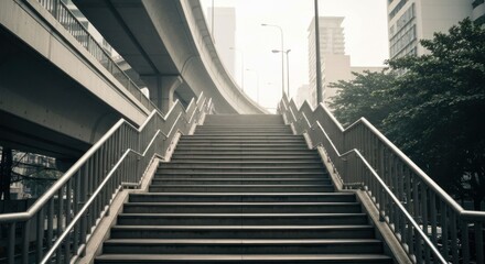 Fototapeta premium Ascending outdoor concrete staircase with railing, leading upwards towards cityscape