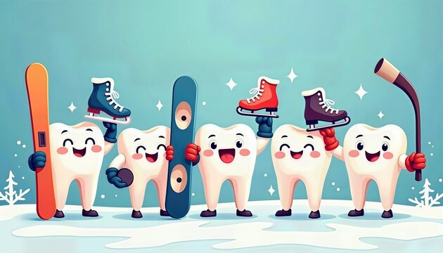 Cute vector illustration of five smiling white tooth characters holding winter sports equipment like skis, snowboard, ice skates, and a hockey stick. Fun children dentistry and dental care concept.