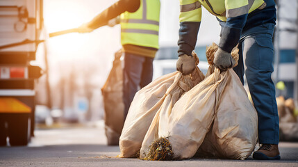Two workers in reflective vests carry heavy bags of waste during a cleanup operation on a sunny day. The scene shows teamwork and environmental responsibility.