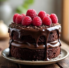 A rustic dark chocolate layer cake presented on a ceramic plate over a wooden table, bathed in soft natural warm light