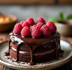 A rustic dark chocolate layer cake presented on a ceramic plate over a wooden table, bathed in soft natural warm light