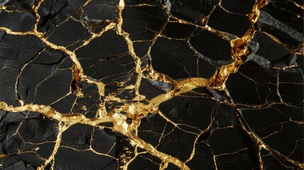Golden veins on a dark cracked surface resembling marble or stone